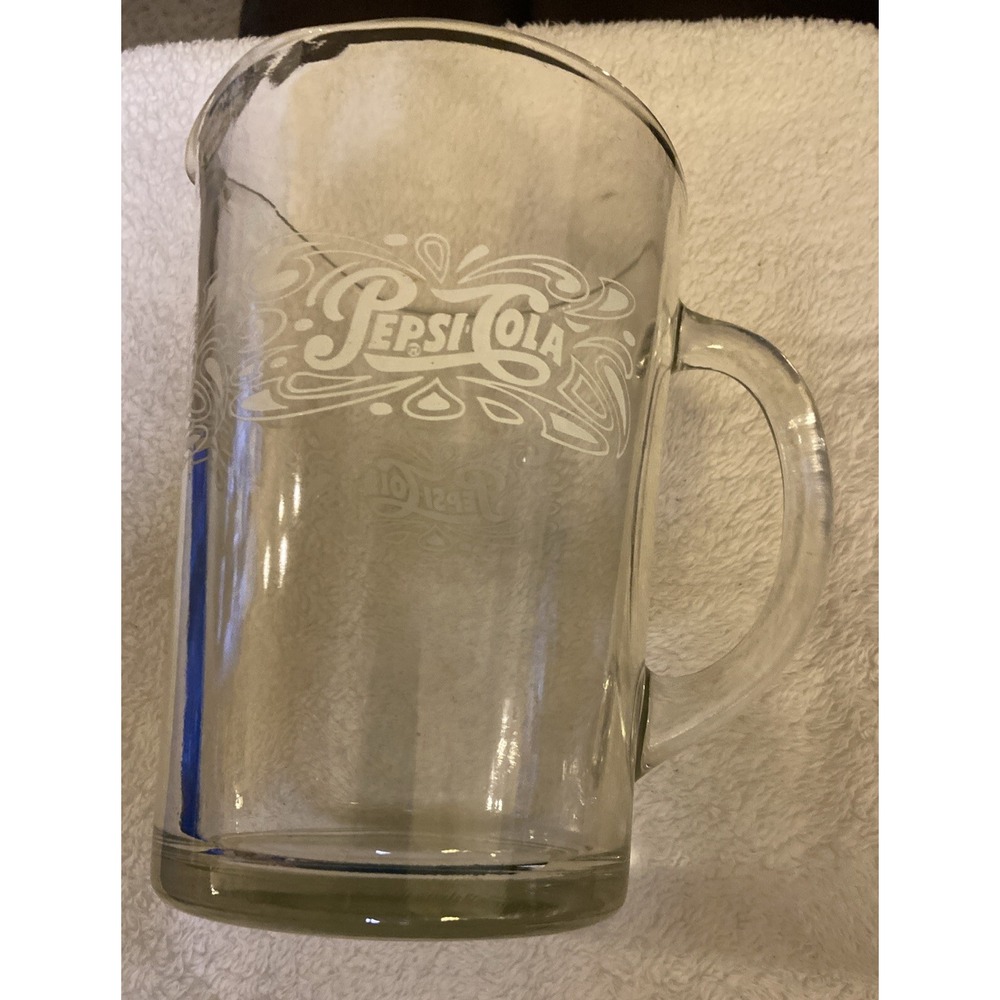 Pepsi Cola White Logo Glass Pitcher Clear Etched Vintage Pizza But